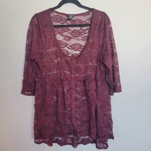 Torrid Womens Plus Size 1 Burgundy Sheer Floral Lace Button Front Babydoll Top
